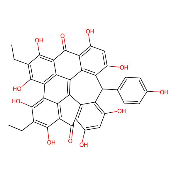 2D Structure of 6,24-Diethyl-5,7,11,13,17,19,23,25-octahydroxy-15-(4-hydroxyphenyl)octacyclo[14.11.1.12,10.03,8.04,26.020,28.022,27.014,29]nonacosa-1,3,5,7,10(29),11,13,16,18,20(28),22,24,26-tridecaene-9,21-dione
