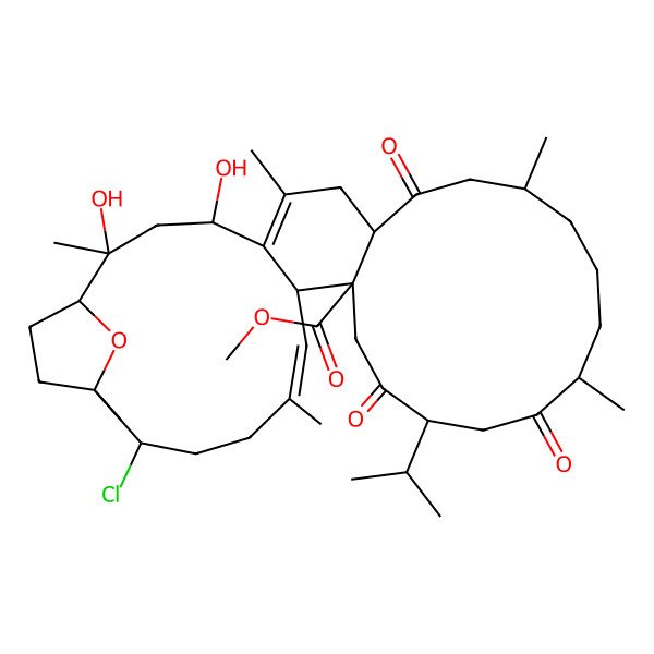 2D Structure of methyl (1S,2S,4R,8S,11S,15R,18S,21S,22S,23E,27S,28S)-27-chloro-2,4-dihydroxy-2,6,11,15,24,28-hexamethyl-9,16,19-trioxo-18-propan-2-yl-31-oxatetracyclo[26.2.1.05,22.08,21]hentriaconta-5,23-diene-21-carboxylate