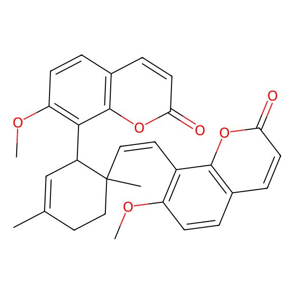 2D Structure of 7-methoxy-8-[(E)-2-[2-(7-methoxy-2-oxochromen-8-yl)-1,4-dimethylcyclohex-3-en-1-yl]ethenyl]chromen-2-one