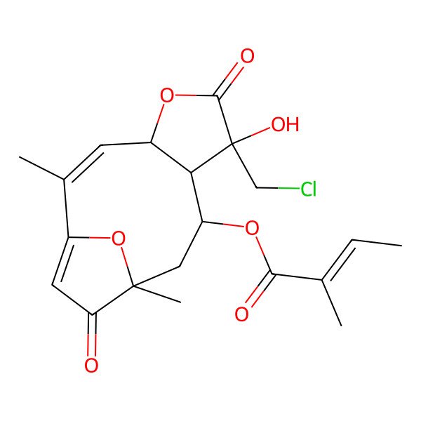 2D Structure of [7-(Chloromethyl)-7-hydroxy-2,11-dimethyl-6,12-dioxo-5,14-dioxatricyclo[9.2.1.04,8]tetradeca-1(13),2-dien-9-yl] 2-methylbut-2-enoate