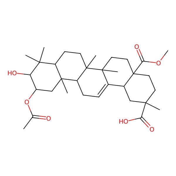2D Structure of 11-Acetyloxy-10-hydroxy-4a-methoxycarbonyl-2,6a,6b,9,9,12a-hexamethyl-1,3,4,5,6,6a,7,8,8a,10,11,12,13,14b-tetradecahydropicene-2-carboxylic acid