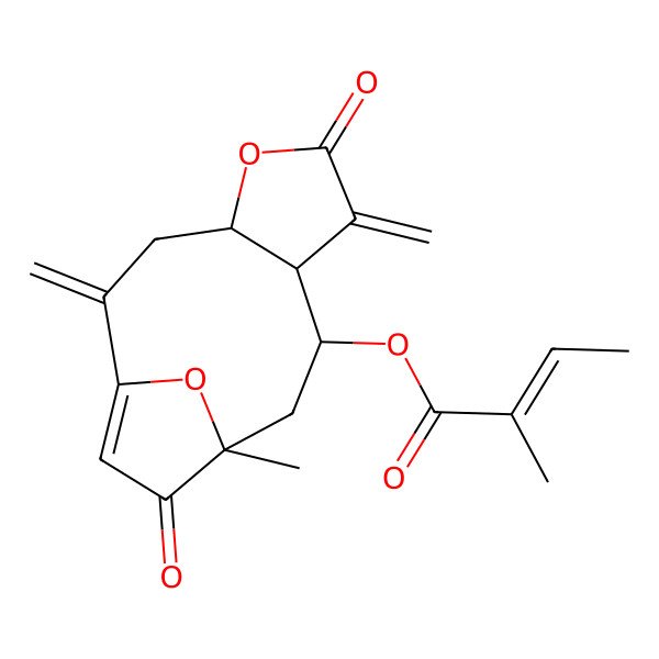 2D Structure of (11-Methyl-2,7-dimethylidene-6,12-dioxo-5,14-dioxatricyclo[9.2.1.04,8]tetradec-1(13)-en-9-yl) 2-methylbut-2-enoate