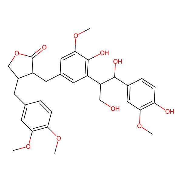 2D Structure of (3R,4R)-3-[[3-[(1R,2R)-1,3-dihydroxy-1-(4-hydroxy-3-methoxyphenyl)propan-2-yl]-4-hydroxy-5-methoxyphenyl]methyl]-4-[(3,4-dimethoxyphenyl)methyl]oxolan-2-one