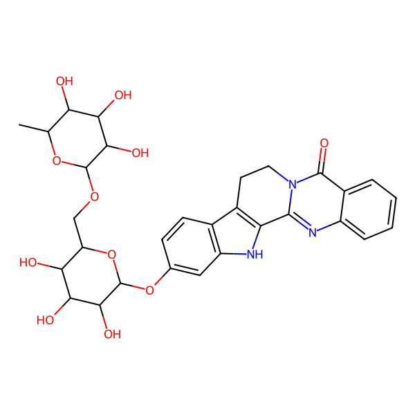 2D Structure of 6-[3,4,5-Trihydroxy-6-[(3,4,5-trihydroxy-6-methyloxan-2-yl)oxymethyl]oxan-2-yl]oxy-3,13,21-triazapentacyclo[11.8.0.02,10.04,9.015,20]henicosa-1(21),2(10),4(9),5,7,15,17,19-octaen-14-one