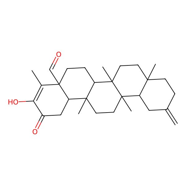 2D Structure of 3-hydroxy-4,6a,6b,8a,14a-pentamethyl-11-methylidene-2-oxo-5,6,6a,7,8,9,10,12,12a,13,14,14b-dodecahydro-1H-picene-4a-carbaldehyde
