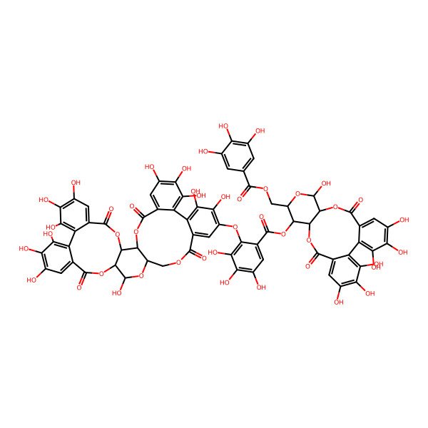 2D Structure of [(10R,11R,13R,14R,15S)-3,4,5,11,20,21,22-heptahydroxy-8,17-dioxo-13-[(3,4,5-trihydroxybenzoyl)oxymethyl]-9,12,16-trioxatetracyclo[16.4.0.02,7.010,15]docosa-1(22),2,4,6,18,20-hexaen-14-yl] 2-[[(1R,2S,19R,20S,22R)-7,8,9,12,13,14,20,29,30,33,34,35-dodecahydroxy-4,17,25,38-tetraoxo-3,18,21,24,39-pentaoxaheptacyclo[20.17.0.02,19.05,10.011,16.026,31.032,37]nonatriaconta-5,7,9,11,13,15,26,28,30,32,34,36-dodecaen-28-yl]oxy]-3,4,5-trihydroxybenzoate