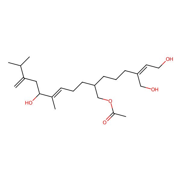 2D Structure of [(E,2S,7R)-7-hydroxy-2-[(E)-6-hydroxy-4-(hydroxymethyl)hex-4-enyl]-6,10-dimethyl-9-methylideneundec-5-enyl] acetate
