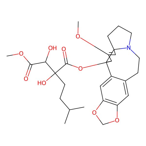2D Structure of 1-O-[(2S,3R,6R)-4-methoxy-16,18-dioxa-10-azapentacyclo[11.7.0.02,6.06,10.015,19]icosa-1(20),4,13,15(19)-tetraen-3-yl] 4-O-methyl (2R,3S)-2,3-dihydroxy-2-(3-methylbutyl)butanedioate
