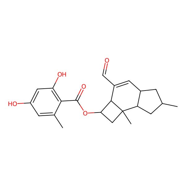 2D Structure of [(2R,2aR,4aS,6R,7aR,7bR)-3-formyl-6,7b-dimethyl-1,2,2a,4a,5,6,7,7a-octahydrocyclobuta[e]inden-2-yl] 2,4-dihydroxy-6-methylbenzoate