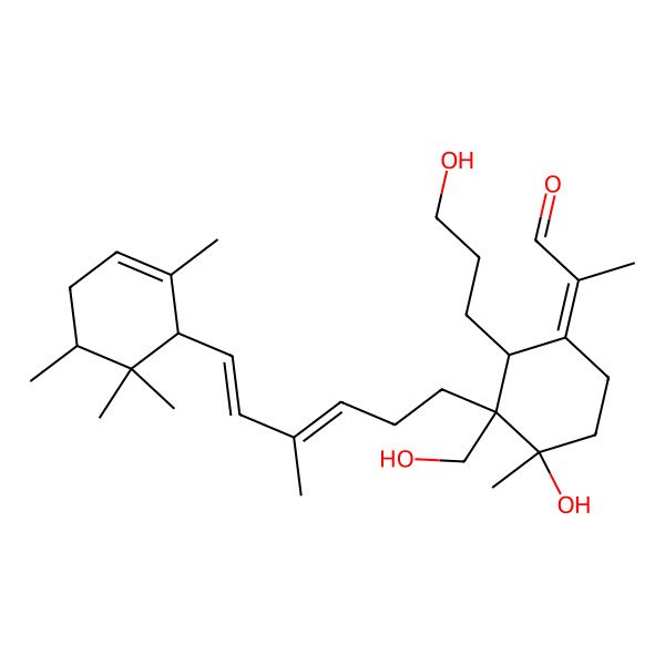 2D Structure of 2-[4-Hydroxy-3-(hydroxymethyl)-2-(3-hydroxypropyl)-4-methyl-3-[4-methyl-6-(2,5,6,6-tetramethylcyclohex-2-en-1-yl)hexa-3,5-dienyl]cyclohexylidene]propanal