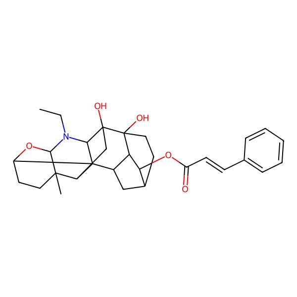 2D Structure of [(2S,5S,10R,13R,14R,17S,18S)-4-ethyl-13,14-dihydroxy-10-methyl-6-oxa-4-azaheptacyclo[15.2.1.02,7.02,11.03,13.05,10.014,19]icosan-18-yl] (Z)-3-phenylprop-2-enoate
