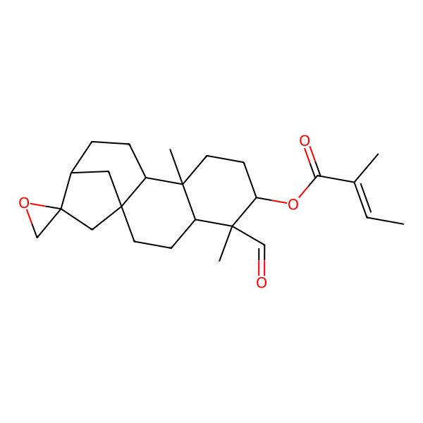 2D Structure of [(1'S,2R,4'S,5'S,6'R,9'S,10'R,13'R)-5'-formyl-5',9'-dimethylspiro[oxirane-2,14'-tetracyclo[11.2.1.01,10.04,9]hexadecane]-6'-yl] (Z)-2-methylbut-2-enoate