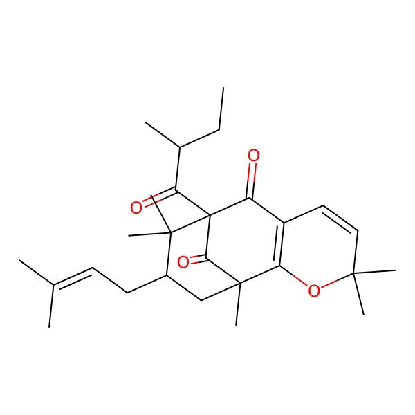 2D Structure of 1,4,4,10,10-Pentamethyl-9-(2-methylbutanoyl)-11-(3-methylbut-2-enyl)-3-oxatricyclo[7.3.1.02,7]trideca-2(7),5-diene-8,13-dione