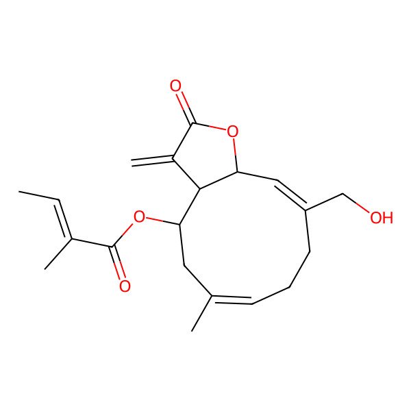 2D Structure of [(3aR,4R,6E,10Z,11aR)-10-(hydroxymethyl)-6-methyl-3-methylidene-2-oxo-3a,4,5,8,9,11a-hexahydrocyclodeca[b]furan-4-yl] (E)-2-methylbut-2-enoate