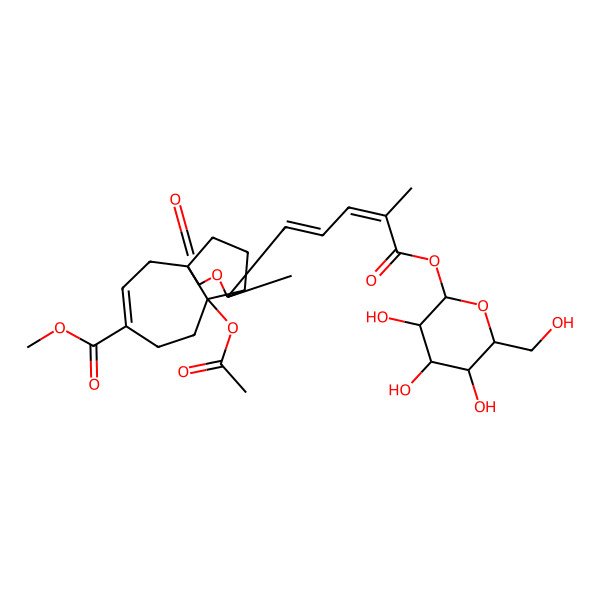 2D Structure of Methyl 7-acetyloxy-9-methyl-9-[4-methyl-5-oxo-5-[3,4,5-trihydroxy-6-(hydroxymethyl)oxan-2-yl]oxypenta-1,3-dienyl]-11-oxo-10-oxatricyclo[6.3.2.01,7]tridec-3-ene-4-carboxylate