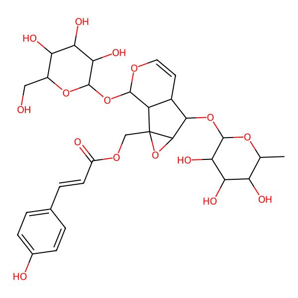 2D Structure of [(1S,2S,4S,5S,6R,10S)-10-[(2S,3R,4S,5S,6R)-3,4,5-trihydroxy-6-(hydroxymethyl)oxan-2-yl]oxy-5-[(2S,3R,4R,5R,6S)-3,4,5-trihydroxy-6-methyloxan-2-yl]oxy-3,9-dioxatricyclo[4.4.0.02,4]dec-7-en-2-yl]methyl (E)-3-(4-hydroxyphenyl)prop-2-enoate