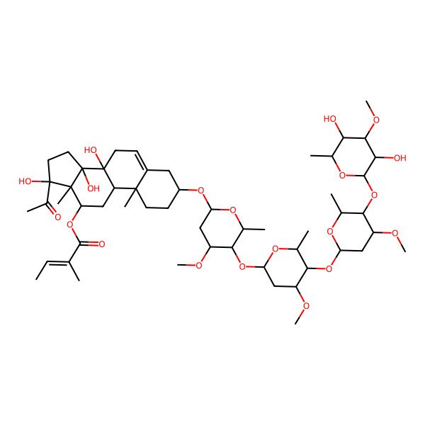 2D Structure of [(3S,8S,9R,10R,12R,13S,14R,17S)-17-acetyl-3-[(2R,4S,5R,6R)-5-[(2S,4S,5R,6R)-5-[(2S,4S,5R,6R)-5-[(2S,3R,4S,5R,6R)-3,5-dihydroxy-4-methoxy-6-methyloxan-2-yl]oxy-4-methoxy-6-methyloxan-2-yl]oxy-4-methoxy-6-methyloxan-2-yl]oxy-4-methoxy-6-methyloxan-2-yl]oxy-8,14,17-trihydroxy-10,13-dimethyl-1,2,3,4,7,9,11,12,15,16-decahydrocyclopenta[a]phenanthren-12-yl] (E)-2-methylbut-2-enoate