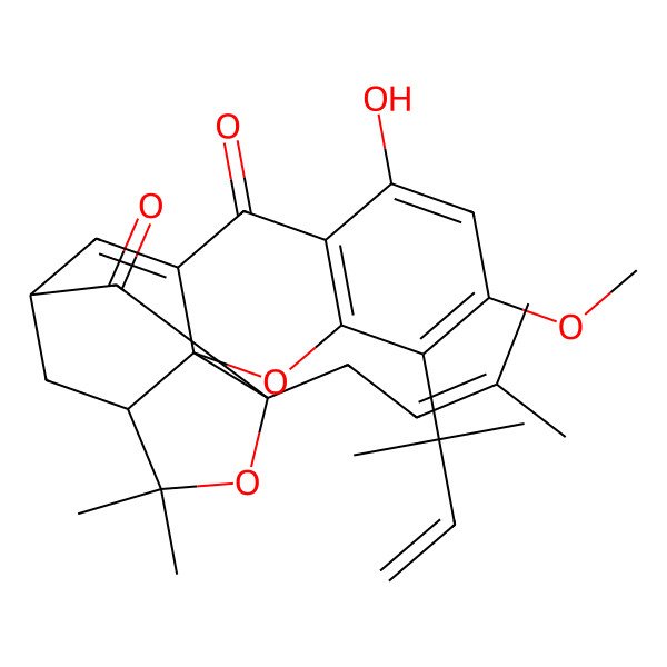 2D Structure of 8-Hydroxy-6-methoxy-17,17-dimethyl-5-(2-methylbut-3-en-2-yl)-15-(3-methylbut-2-enyl)-3,16-dioxapentacyclo[11.4.1.02,11.02,15.04,9]octadeca-4(9),5,7,11-tetraene-10,14-dione