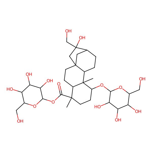 2D Structure of [(2R,3R,4S,5S,6R)-3,4,5-trihydroxy-6-(hydroxymethyl)oxan-2-yl] (1S,4S,5R,8S,9S,10R,13R,14R)-14-hydroxy-14-(hydroxymethyl)-5,9-dimethyl-8-[(2R,3R,4S,5S,6R)-3,4,5-trihydroxy-6-(hydroxymethyl)oxan-2-yl]oxytetracyclo[11.2.1.01,10.04,9]hexadecane-5-carboxylate