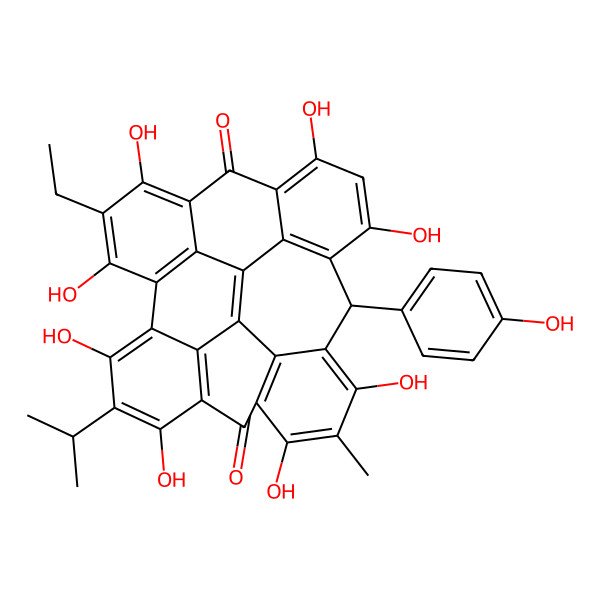 2D Structure of (15R)-24-ethyl-5,7,11,13,17,19,23,25-octahydroxy-15-(4-hydroxyphenyl)-12-methyl-6-propan-2-yloctacyclo[14.11.1.12,10.03,8.04,26.020,28.022,27.014,29]nonacosa-1,3,5,7,10(29),11,13,16,18,20(28),22,24,26-tridecaene-9,21-dione