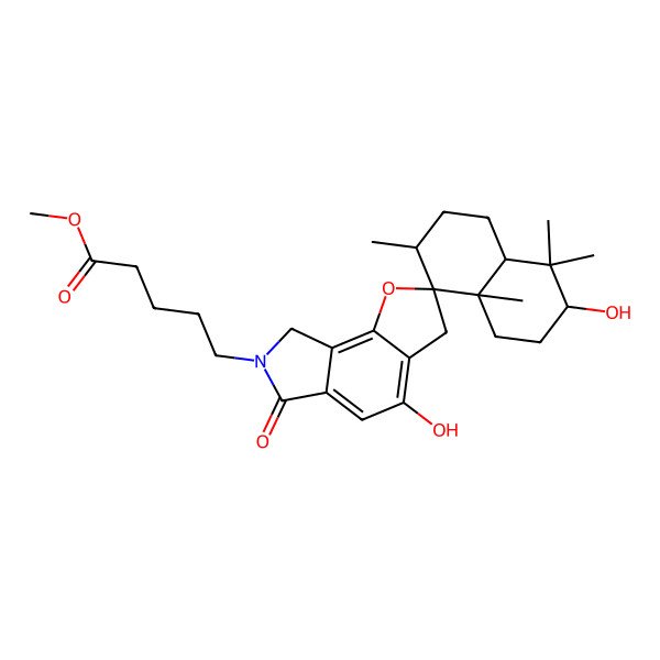 2D Structure of methyl 5-(3,4'-dihydroxy-4,4,7,8a-tetramethyl-6'-oxospiro[2,3,4a,5,6,7-hexahydro-1H-naphthalene-8,2'-3,8-dihydrofuro[2,3-e]isoindole]-7'-yl)pentanoate