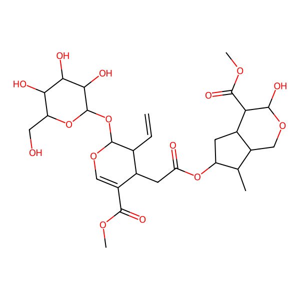 2D Structure of methyl (4R,4aS,6S,7R,7aS)-6-[2-[3-ethenyl-5-methoxycarbonyl-2-[(2S,3R,4S,5S,6R)-3,4,5-trihydroxy-6-(hydroxymethyl)oxan-2-yl]oxy-3,4-dihydro-2H-pyran-4-yl]acetyl]oxy-3-hydroxy-7-methyl-1,3,4,4a,5,6,7,7a-octahydrocyclopenta[c]pyran-4-carboxylate