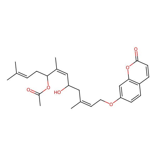 2D Structure of [(5R,6E,8R,10E)-8-hydroxy-2,6,10-trimethyl-12-(2-oxochromen-7-yl)oxydodeca-2,6,10-trien-5-yl] acetate