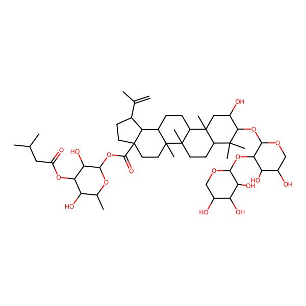 2D Structure of [(2S,3R,4R,5S,6S)-3,5-dihydroxy-6-methyl-4-(3-methylbutanoyloxy)oxan-2-yl] (1R,3aS,5aR,5bR,7aR,9R,10R,11aR,11bR,13aR,13bR)-9-[(2S,3R,4S,5R)-4,5-dihydroxy-3-[(2S,3R,4S,5R)-3,4,5-trihydroxyoxan-2-yl]oxyoxan-2-yl]oxy-10-hydroxy-5a,5b,8,8,11a-pentamethyl-1-prop-1-en-2-yl-1,2,3,4,5,6,7,7a,9,10,11,11b,12,13,13a,13b-hexadecahydrocyclopenta[a]chrysene-3a-carboxylate