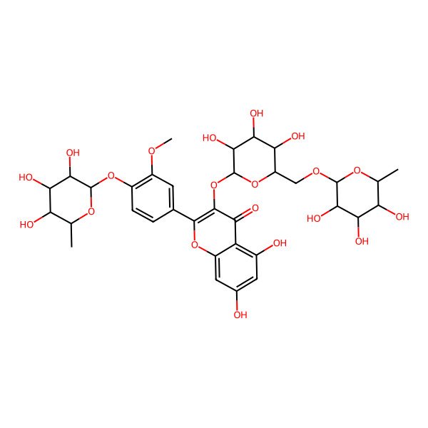 2D Structure of 5,7-dihydroxy-2-[3-methoxy-4-[(2S,3S,4S,5R,6R)-3,4,5-trihydroxy-6-methyloxan-2-yl]oxyphenyl]-3-[(2S,3R,4R,5R,6R)-3,4,5-trihydroxy-6-[[(2R,3R,4S,5R,6R)-3,4,5-trihydroxy-6-methyloxan-2-yl]oxymethyl]oxan-2-yl]oxychromen-4-one