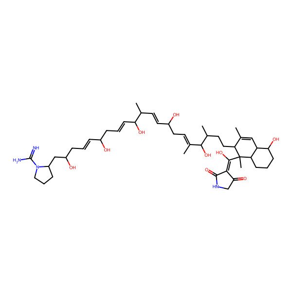 2D Structure of 2-[21-[1-[(2,4-dioxopyrrolidin-3-ylidene)-hydroxymethyl]-5-hydroxy-1,3-dimethyl-4a,5,6,7,8,8a-hexahydro-2H-naphthalen-2-yl]-2,6,10,14,18-pentahydroxy-11,17,19-trimethylhenicosa-4,8,12,16-tetraenyl]pyrrolidine-1-carboximidamide
