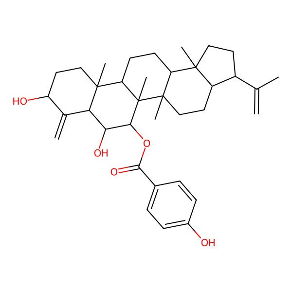 2D Structure of [(3R,3aR,5aR,5bR,6R,7S,7aS,9S,11aR,11bS,13aR,13bS)-7,9-dihydroxy-5a,5b,11a,13b-tetramethyl-8-methylidene-3-prop-1-en-2-yl-1,2,3,3a,4,5,6,7,7a,9,10,11,11b,12,13,13a-hexadecahydrocyclopenta[a]chrysen-6-yl] 4-hydroxybenzoate