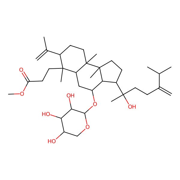 2D Structure of methyl 3-[(3S,3aR,4R,5aR,6S,7S,9aR,9bR)-3-[(2S)-2-hydroxy-6-methyl-5-methylideneheptan-2-yl]-6,9a,9b-trimethyl-7-prop-1-en-2-yl-4-[(2S,3R,4S,5R)-3,4,5-trihydroxyoxan-2-yl]oxy-1,2,3,3a,4,5,5a,7,8,9-decahydrocyclopenta[a]naphthalen-6-yl]propanoate