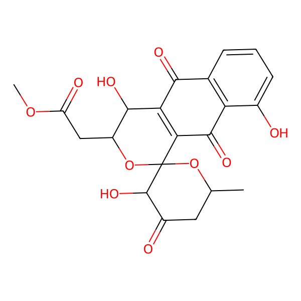 2D Structure of Methyl 2-(3',4,9-trihydroxy-6'-methyl-4',5,10-trioxospiro[3,4-dihydrobenzo[g]isochromene-1,2'-oxane]-3-yl)acetate