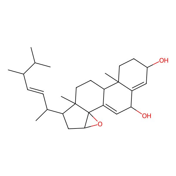 2D Structure of (2R,4R,6R,7R,10R,11R,14S,17S)-6-[(E,2S,5R)-5,6-dimethylhept-3-en-2-yl]-7,11-dimethyl-3-oxapentacyclo[8.8.0.02,4.02,7.011,16]octadeca-1(18),15-diene-14,17-diol