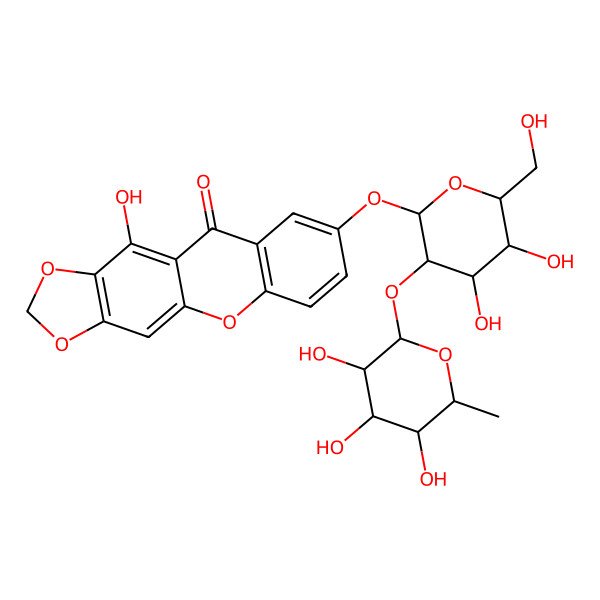 2D Structure of 8-[(2S,3R,4S,5S,6R)-4,5-dihydroxy-6-(hydroxymethyl)-3-[(2S,3R,4R,5R,6S)-3,4,5-trihydroxy-6-methyloxan-2-yl]oxyoxan-2-yl]oxy-11-hydroxy-[1,3]dioxolo[4,5-b]xanthen-10-one