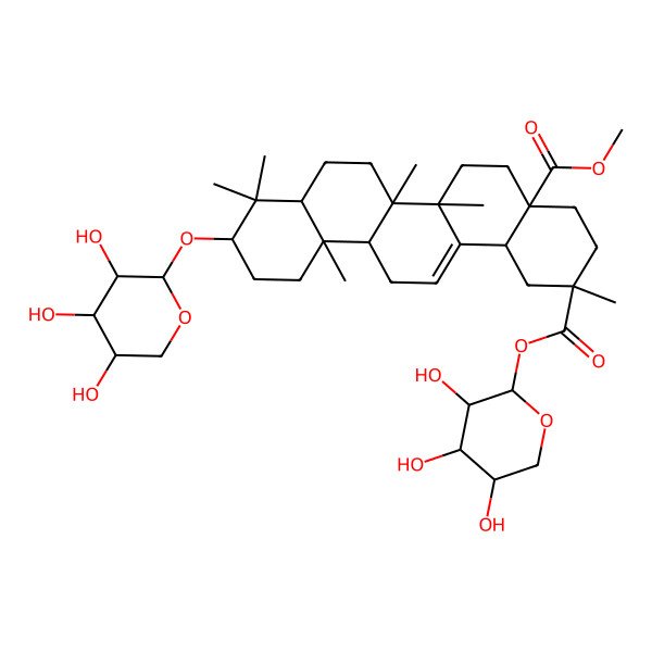 2D Structure of 4a-O-methyl 2-O-[(2S,3R,4S,5R)-3,4,5-trihydroxyoxan-2-yl] (2R,4aR,6aR,6aS,6bR,8aR,10S,12aR,14bS)-2,6a,6b,9,9,12a-hexamethyl-10-[(2S,3R,4S,5R)-3,4,5-trihydroxyoxan-2-yl]oxy-1,3,4,5,6,6a,7,8,8a,10,11,12,13,14b-tetradecahydropicene-2,4a-dicarboxylate