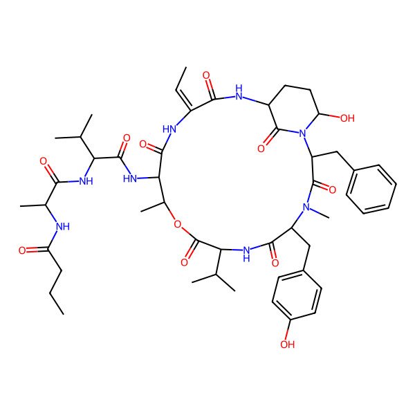 2D Structure of (2R)-N-[(2R,5R,8R,11R,12R,18R,21S)-2-benzyl-15-ethylidene-21-hydroxy-5-[(4-hydroxyphenyl)methyl]-4,11-dimethyl-3,6,9,13,16,22-hexaoxo-8-propan-2-yl-10-oxa-1,4,7,14,17-pentazabicyclo[16.3.1]docosan-12-yl]-2-[[(2R)-2-(butanoylamino)propanoyl]amino]-3-methylbutanamide