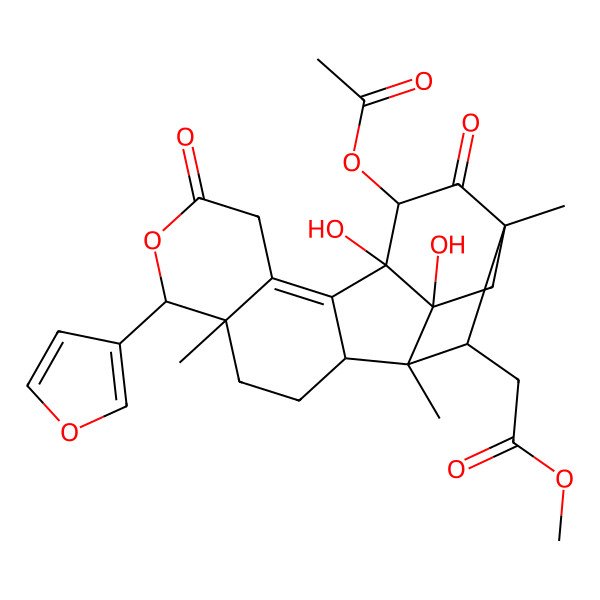 2D Structure of methyl 2-[(1R,2R,5R,6R,12R,13R,15R,17R,18R)-13-acetyloxy-6-(furan-3-yl)-12,17-dihydroxy-1,5,15-trimethyl-8,14-dioxo-7-oxapentacyclo[13.2.1.02,11.05,10.012,17]octadec-10-en-18-yl]acetate