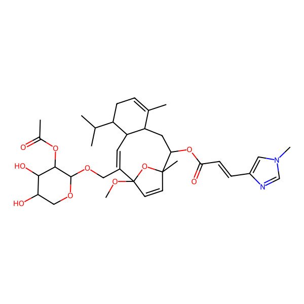 2D Structure of [(1S,2S,4R,8R,9R,10Z,12R)-11-[[(2R,3R,4S,5R)-3-acetyloxy-4,5-dihydroxyoxan-2-yl]oxymethyl]-12-methoxy-1,5-dimethyl-8-propan-2-yl-15-oxatricyclo[10.2.1.04,9]pentadeca-5,10,13-trien-2-yl] (Z)-3-(1-methylimidazol-4-yl)prop-2-enoate