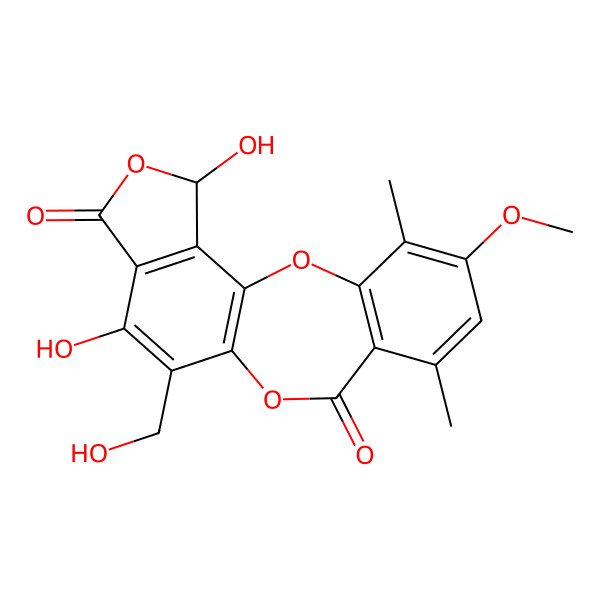 2D Structure of (17R)-13,17-dihydroxy-12-(hydroxymethyl)-5-methoxy-4,7-dimethyl-2,10,16-trioxatetracyclo[9.7.0.03,8.014,18]octadeca-1(11),3(8),4,6,12,14(18)-hexaene-9,15-dione
