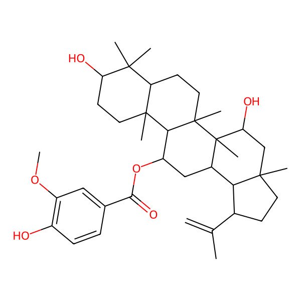 2D Structure of [(1R,3aR,5R,5aR,5bR,7aR,9S,11aS,11bR,12R,13aR,13bS)-5,9-dihydroxy-3a,5a,5b,8,8,11a-hexamethyl-1-prop-1-en-2-yl-1,2,3,4,5,6,7,7a,9,10,11,11b,12,13,13a,13b-hexadecahydrocyclopenta[a]chrysen-12-yl] 4-hydroxy-3-methoxybenzoate