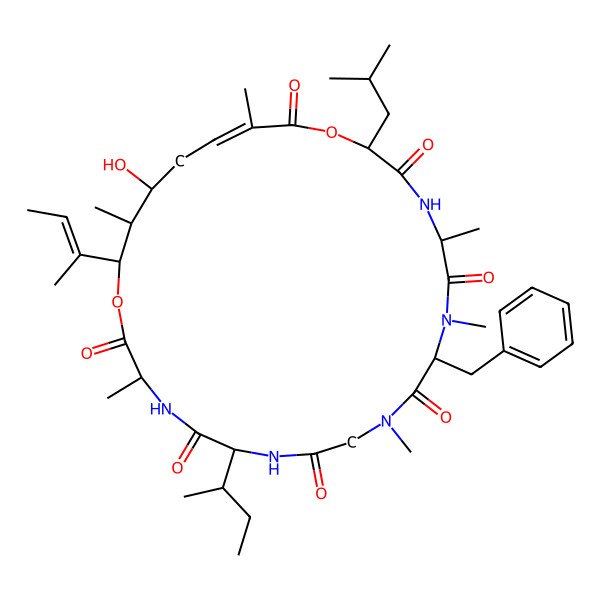 2D Structure of (3S,6S,12S,15R,18R,21E,24S,25S,26R)-12-benzyl-6-[(2S)-butan-2-yl]-26-[(E)-but-2-en-2-yl]-24-hydroxy-3,10,13,15,21,25-hexamethyl-18-(2-methylpropyl)-1,19-dioxa-4,7,10,13,16-pentazacyclohexacos-21-ene-2,5,8,11,14,17,20-heptone