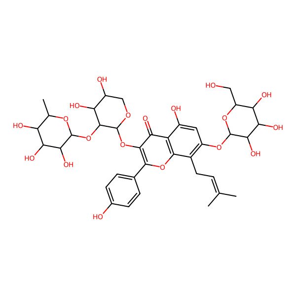 2D Structure of 3-[(2R,3R,4R,5R)-4,5-dihydroxy-3-[(2S,3S,4R,5R,6S)-3,4,5-trihydroxy-6-methyloxan-2-yl]oxyoxan-2-yl]oxy-5-hydroxy-2-(4-hydroxyphenyl)-8-(3-methylbut-2-enyl)-7-[(2S,3S,4S,5S,6S)-3,4,5-trihydroxy-6-(hydroxymethyl)oxan-2-yl]oxychromen-4-one