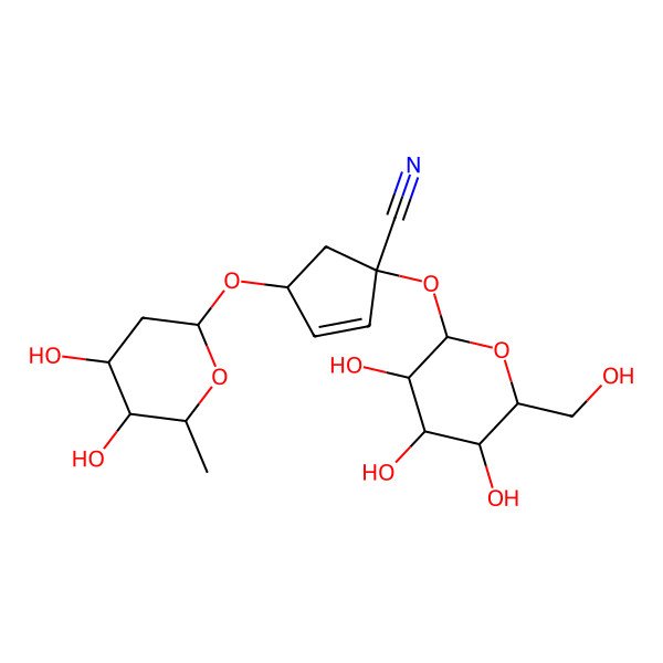 2D Structure of (1S,4R)-4-[(2R,4S,5R,6R)-4,5-dihydroxy-6-methyloxan-2-yl]oxy-1-[(2S,3R,4S,5S,6R)-3,4,5-trihydroxy-6-(hydroxymethyl)oxan-2-yl]oxycyclopent-2-ene-1-carbonitrile