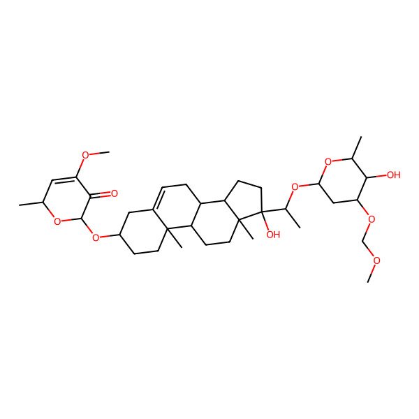 2D Structure of (2R,6R)-6-[[(3S,8R,9S,10R,13S,14S,17R)-17-hydroxy-17-[(1R)-1-[(2S,4R,5R,6R)-5-hydroxy-4-(methoxymethoxy)-6-methyloxan-2-yl]oxyethyl]-10,13-dimethyl-1,2,3,4,7,8,9,11,12,14,15,16-dodecahydrocyclopenta[a]phenanthren-3-yl]oxy]-4-methoxy-2-methyl-2H-pyran-5-one