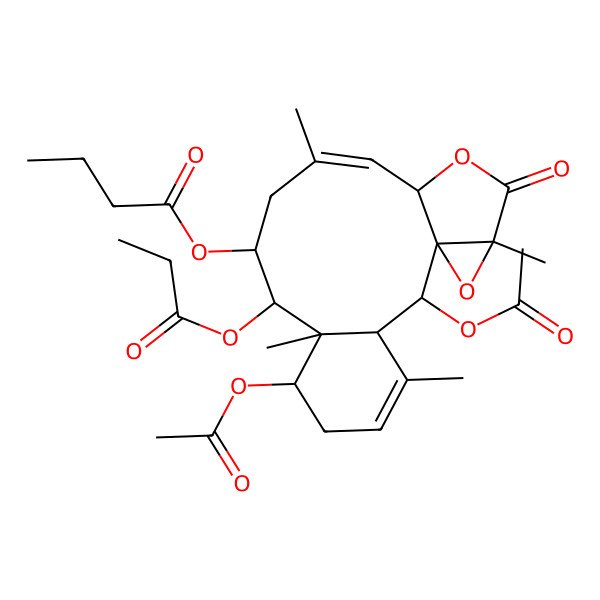 2D Structure of [(1S,2S,3S,7S,8R,9R,10S,12Z,14S,17R)-2,7-diacetyloxy-4,8,12,17-tetramethyl-16-oxo-9-propanoyloxy-15,18-dioxatetracyclo[12.4.0.01,17.03,8]octadeca-4,12-dien-10-yl] butanoate