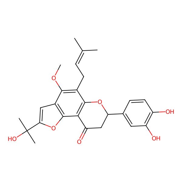 2D Structure of 3',4'-Dihydroxy-7-methoxy-8-(3-methylbut-2-enyl)-2'''-(1-hydroxy-1-methylethyl)-furano-(4'',5'':6,5)favanone