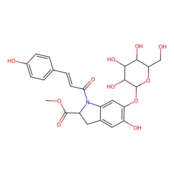 2D Structure of methyl (2S)-5-hydroxy-1-[(E)-3-(4-hydroxyphenyl)prop-2-enoyl]-6-[(2S,3R,4S,5S,6R)-3,4,5-trihydroxy-6-(hydroxymethyl)oxan-2-yl]oxy-2,3-dihydroindole-2-carboxylate