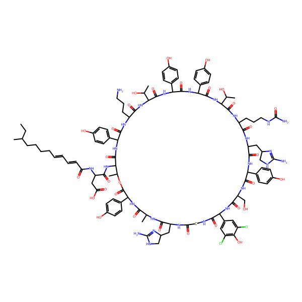 2D Structure of 4-[[9,24-bis[(2-amino-4,5-dihydro-1H-imidazol-4-yl)methyl]-42-(3-aminopropyl)-27-[3-(carbamoylamino)propyl]-15-(3,5-dichloro-4-hydroxyphenyl)-30,39-bis(1-hydroxyethyl)-18-(hydroxymethyl)-3,21,33,36,45-pentakis(4-hydroxyphenyl)-6,49-dimethyl-2,5,8,11,14,17,20,23,26,29,32,35,38,41,44,47-hexadecaoxo-1-oxa-4,7,10,13,16,19,22,25,28,31,34,37,40,43,46-pentadecazacyclononatetracont-48-yl]amino]-3-[[(2Z,4E)-10-methyldodeca-2,4-dienoyl]amino]-4-oxobutanoic acid