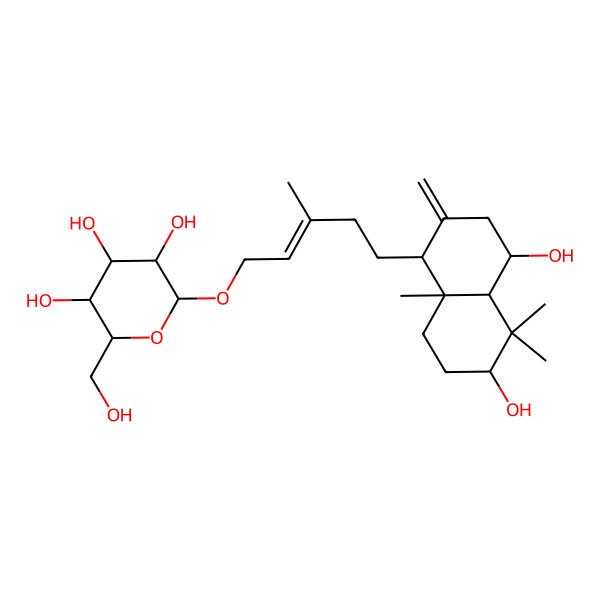 2D Structure of (2R,3R,4S,5S,6R)-2-[(E)-5-[(1S,4S,4aR,6S,8aR)-4,6-dihydroxy-5,5,8a-trimethyl-2-methylidene-3,4,4a,6,7,8-hexahydro-1H-naphthalen-1-yl]-3-methylpent-2-enoxy]-6-(hydroxymethyl)oxane-3,4,5-triol